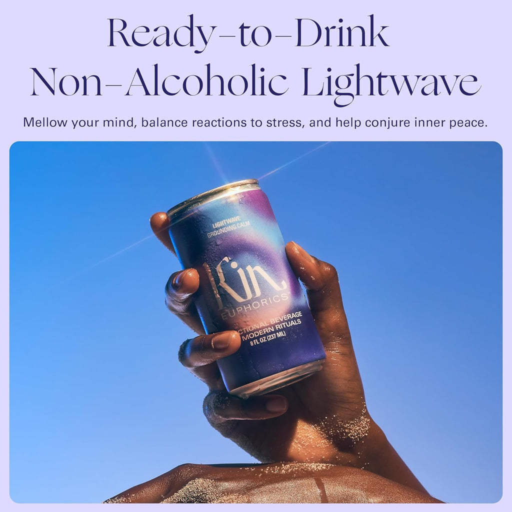 Kin Euphorics Lightwave Non-Alcoholic Functional Beverage | Calm the Mind & Mellow the Mood | Adaptogens, Nootropics, Reishi Mushroom & L-Theanine | 8 Fl Oz (12pk)