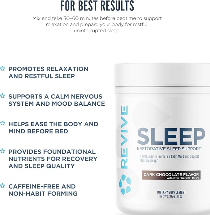 Revive MD Melatonin-Free Sleep Support Supplement for Adults, Dark Chocolate - Natural Sleep Aid Supplements with Magnesium (Glycinate), Inositol & L-Theanine for Deep Relaxation (30 Servings)