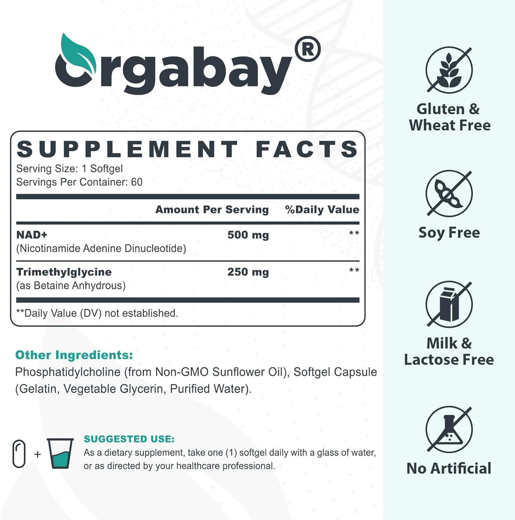 Orgabay Liposomal NAD+ Supplement 500 mg, High Absorption, Boost NAD+ with TMG 250 mg, Actual NAD Plus More Efficient Than Nicotinamide Riboside, Support Cellular Energy, Healthy Aging | 360 Softgels