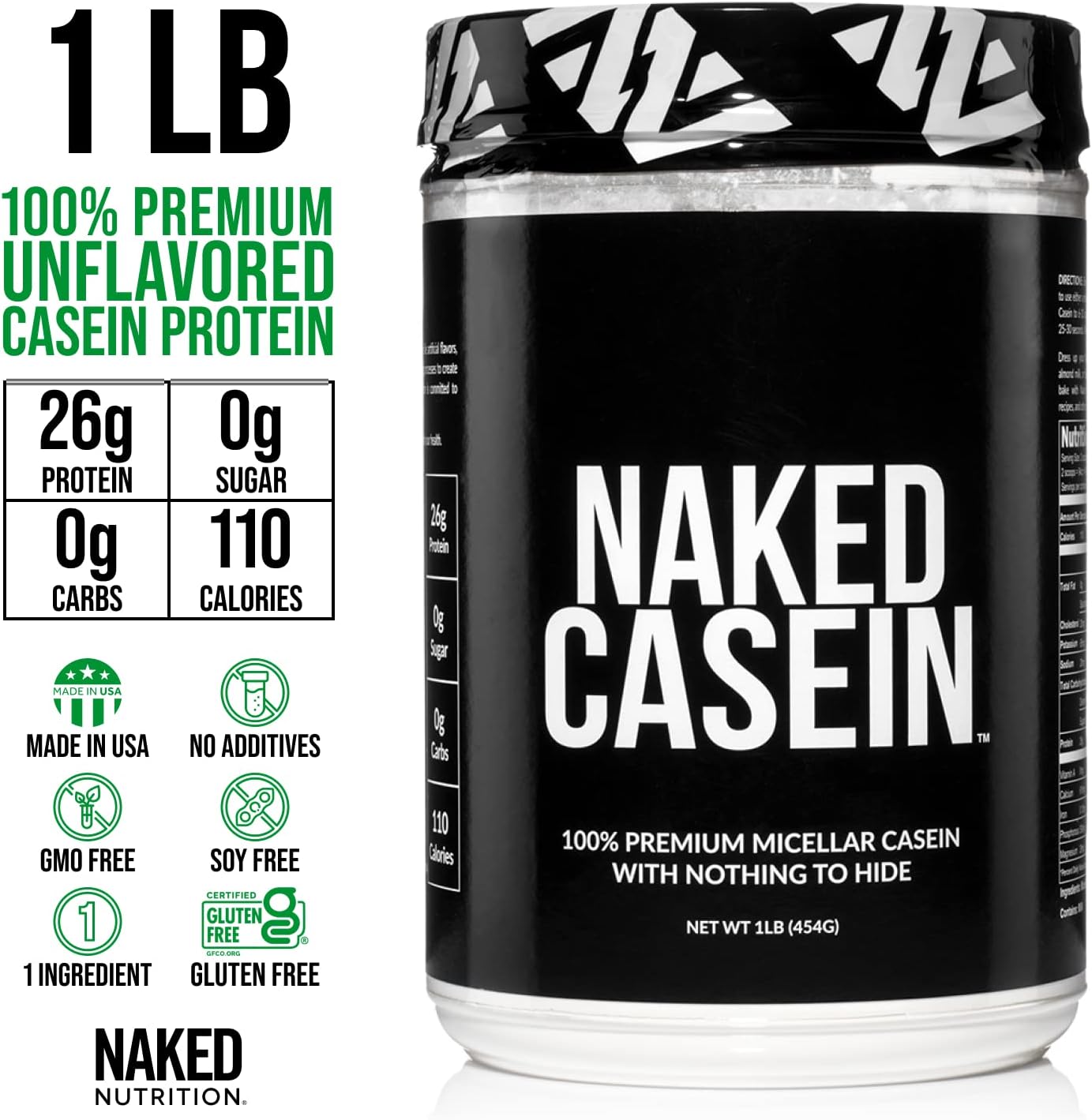 NAKED Casein - 1Lb Micellar Casein Protein - Bulk, GMO-Free, Gluten Free, Soy Free, Preservative Free - Stimulate Muscle Growth - Enhance Recovery - 15 Servings