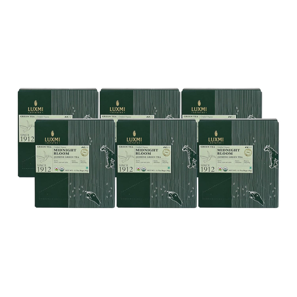 Luxmi Estates Midnight Bloom Organic Jasmine Tea (90 Tea Bags) Mildly Caffeinated Tea Bags For Relaxing, Calming, and Stress Relief, With Certified Organic Darjeeling Makaibari Green Tea