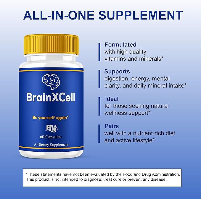 BLUE VIBE Brainxcell Capsules, Brain x Cell Advanced All Natural Memory & Focus Support Supplement Pills, Brainxcell Maximum Strength Premium Brain and Memory Support Pills (1 Pack - 60 Capsules)