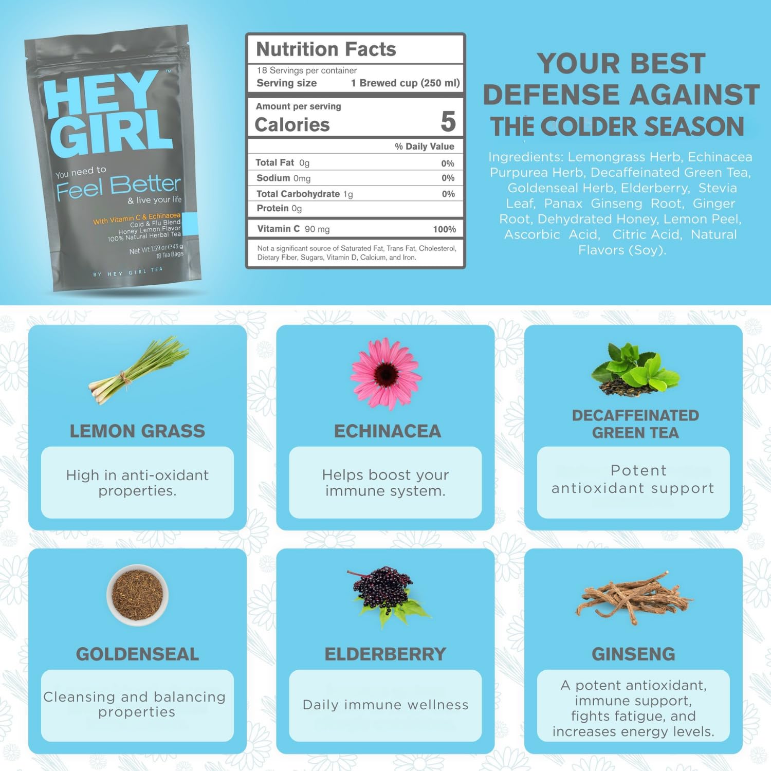 Herbal Lemon Ginger Tea for Cold, Cough, Sore Throat Coat, Immune Support - Get Well Gifts For Women - Elderberry, Echinacea, Ginseng, Lemongrass, Goldenseal - Sick Care Package Gifts for Tea Lovers