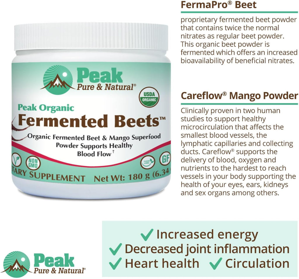 Peak Pure & Natural Peak Organic Fermented Beets - Organic Fermented Beet Powder Superfood Drink Powder - Nitric Oxide Supplement Support for Normal Blood Pressure