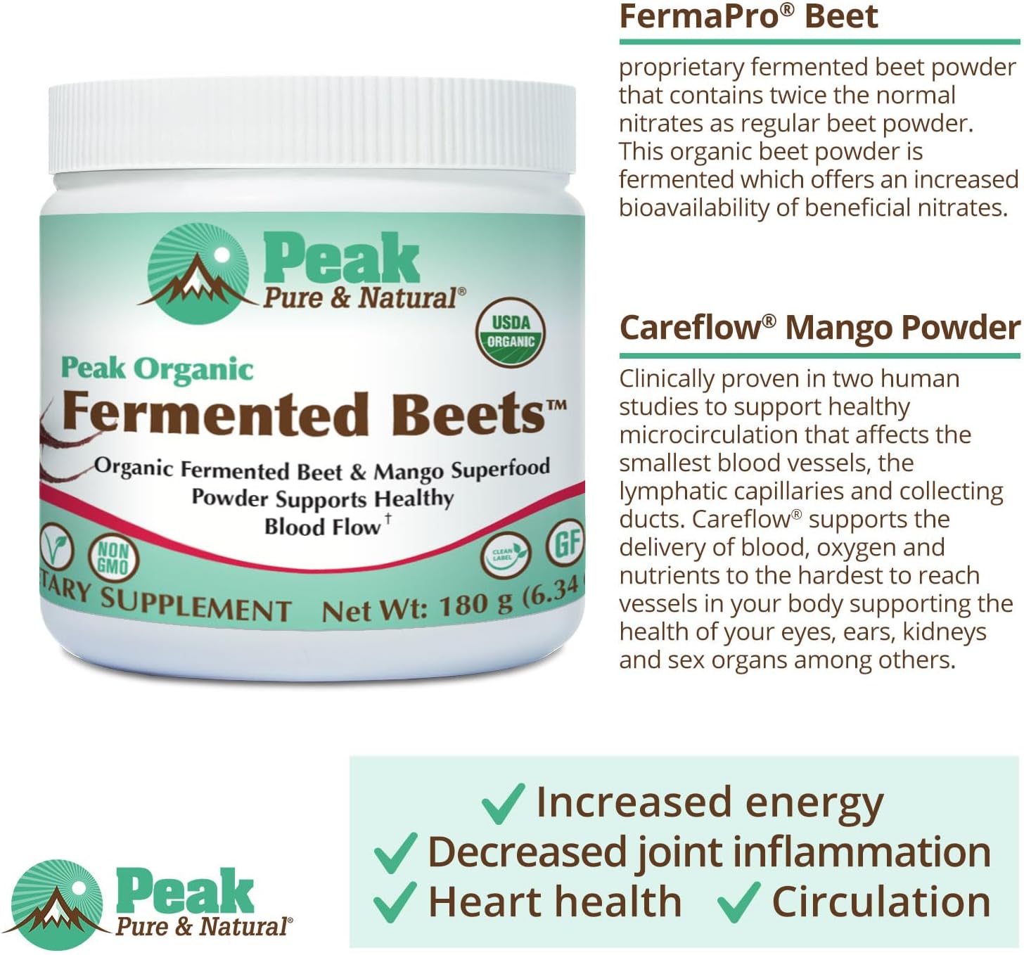 Peak Pure & Natural Peak Organic Fermented Beets - Organic Fermented Beet Powder Superfood Drink Powder - Nitric Oxide Supplement Support for Normal Blood Pressure