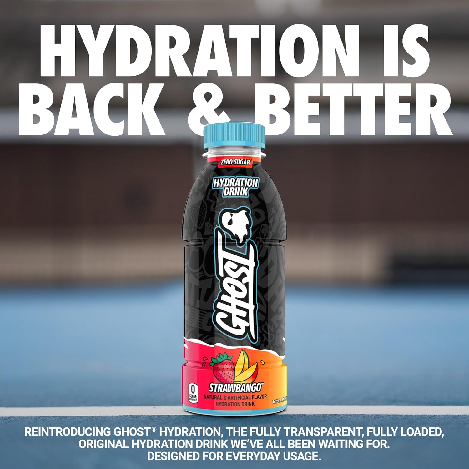 GHOST Hydration Drink, Strawbango - RTD Sports Drink with Electrolytes, Natural Vitamins & Minerals - All Day Lifestyle Hydration Beverage - Zero Caffeine & Zero Sugars - 16.9 Fl Oz, 12 Pack