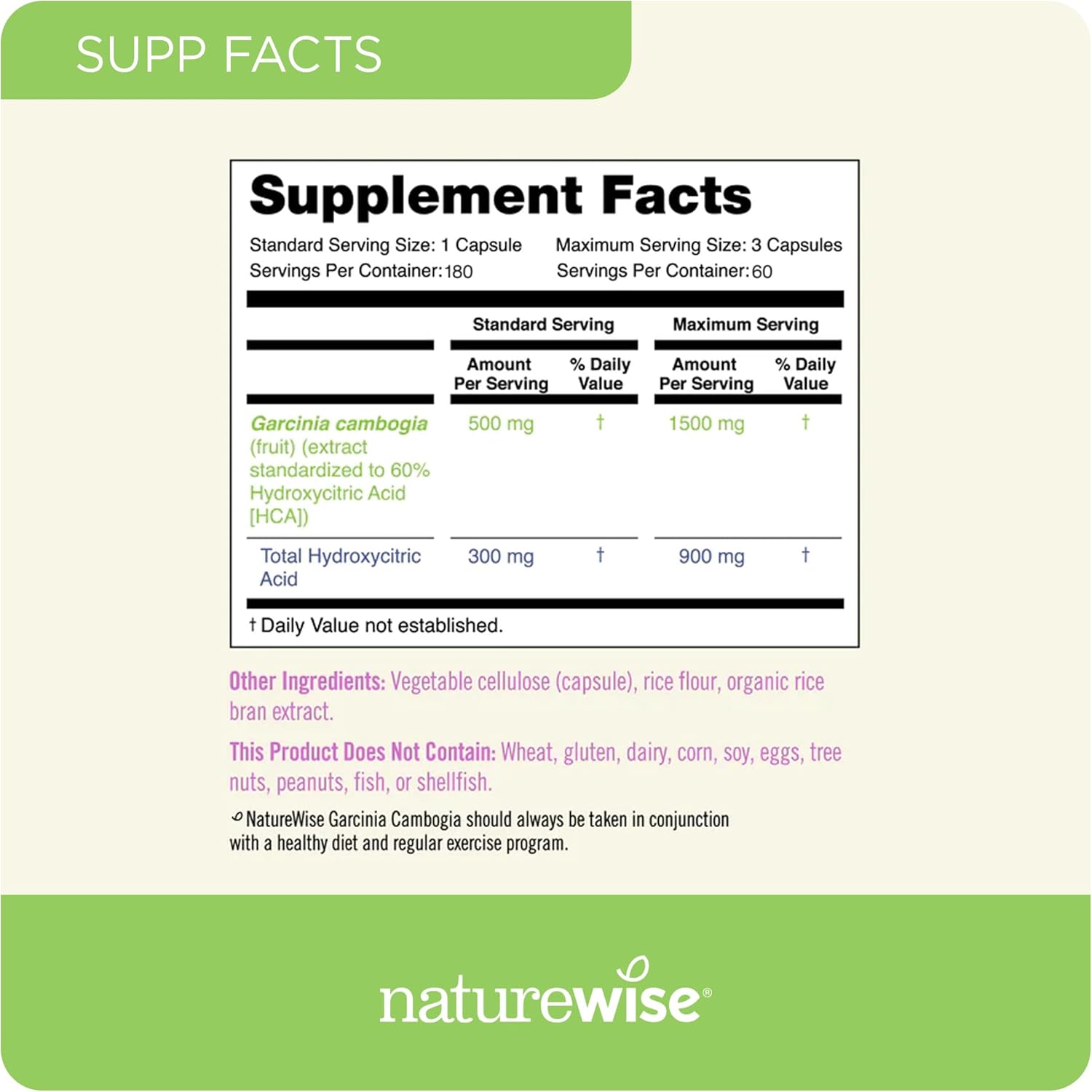 Naturewise Garcinia Cambogia - 60% HCA Concentration Extract, Natural Support for Weight Goals and Energy Levels - Vegan, Non-GMO, Gluten Free - 180 Capsules[2-6 Month Supply]