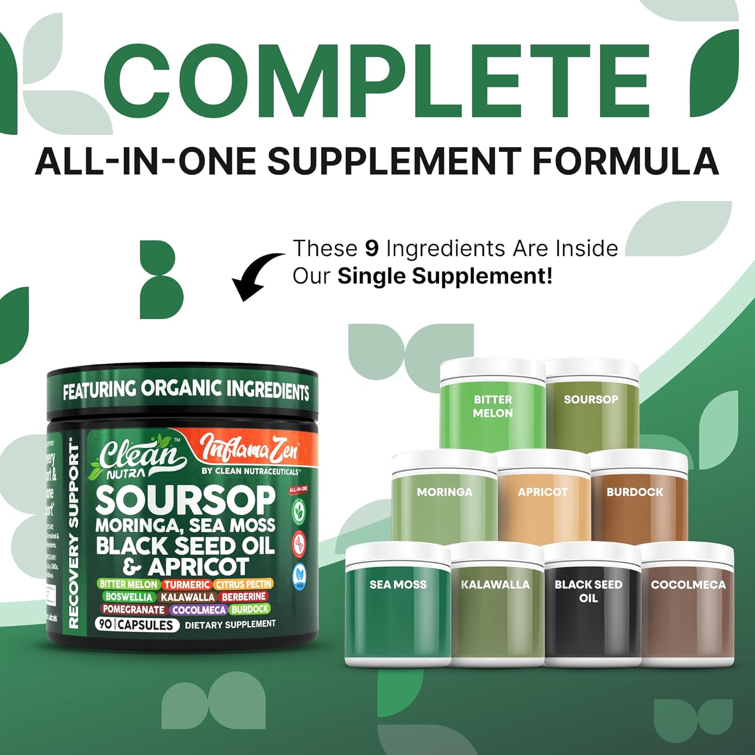 Clean Nutra Soursop Supplement Moringa Sea Moss Black Seed Oil Berberine Turmeric Resveratrol Quercetin Greens Bitters Boswellia Bitter Melon Burdock Root Antioxidant Support 90 Capsules