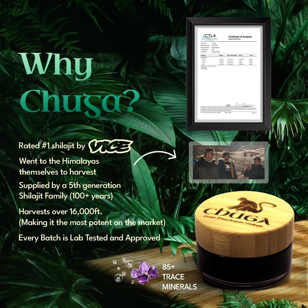 Chuga's Pure Himalayan Shilajit for Men & Women | Organic Shilajit Harvested 16,000ft | Lab Tested in USA, 74+ Fulvic Acid, Grade A, Immune Booster, Shilajit Resin 20 Grams, 100 Servings (Pack of 1)