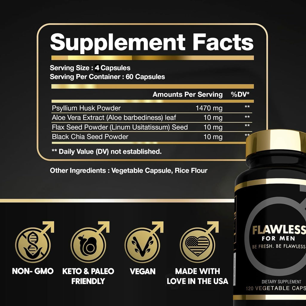 USA'S Most Fiber Rich Supplement 120 Capsules Mega Dose 3000mg Blend Psyllium Husk, Aloe Vera, Chia Seed & Flaxseed Powder Gut Health, Cleanliness, Constipation