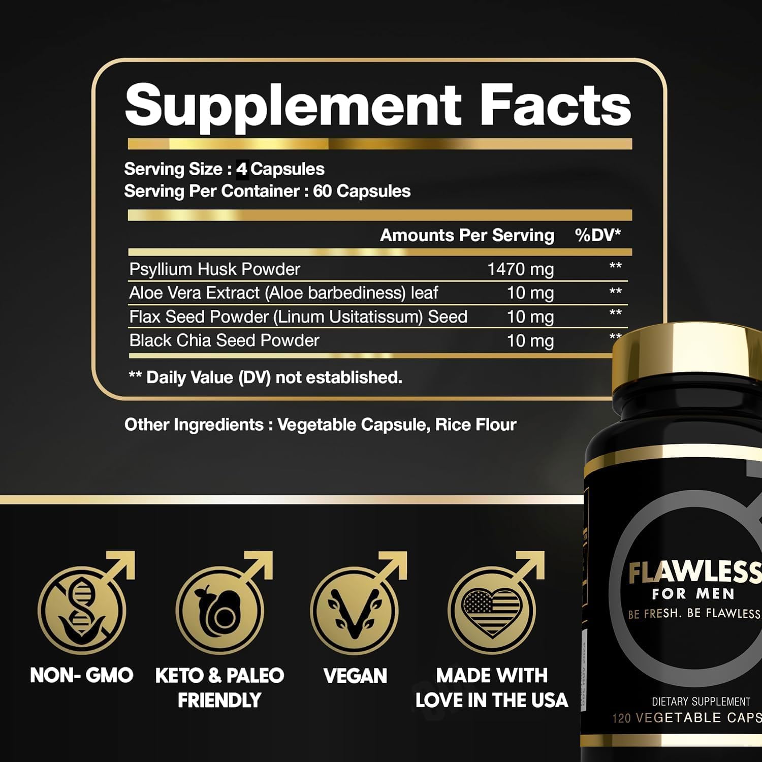 USA'S Most Fiber Rich Supplement 120 Capsules Mega Dose 3000mg Blend Psyllium Husk, Aloe Vera, Chia Seed & Flaxseed Powder Gut Health, Cleanliness, Constipation