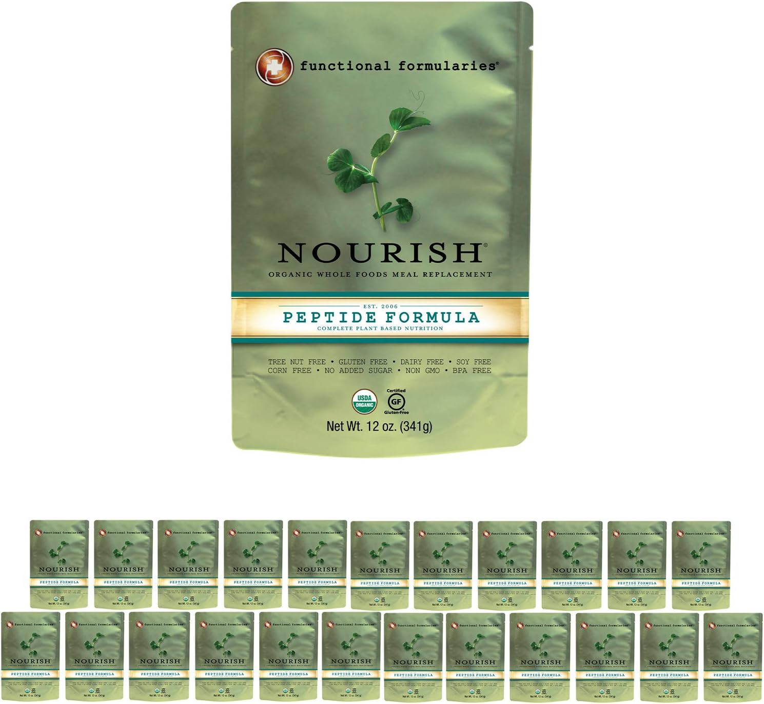 Functional Formularies Nourish Peptide Organic Tube Feeding Formula and Nutritional Meal Replacement Supplement, 12 Oz Pouch, Pack of 24