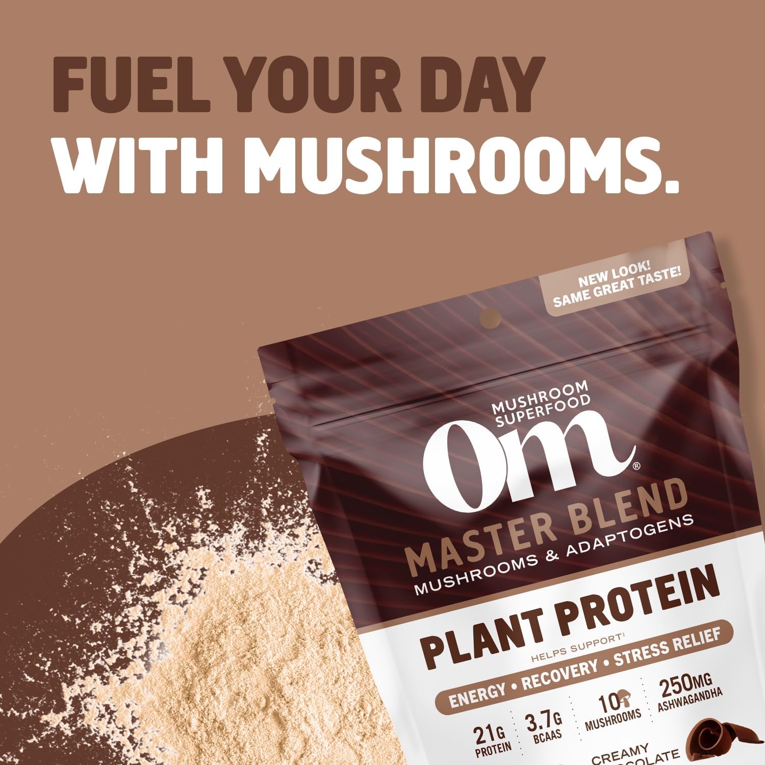 OM MUSHROOM SUPERFOOD Master Blend Creamy Chocolate Protein Powder, 16 Servings, Plant-Based with 10 Mushroom Complex for Recovery & Energy, GLP-1 Support