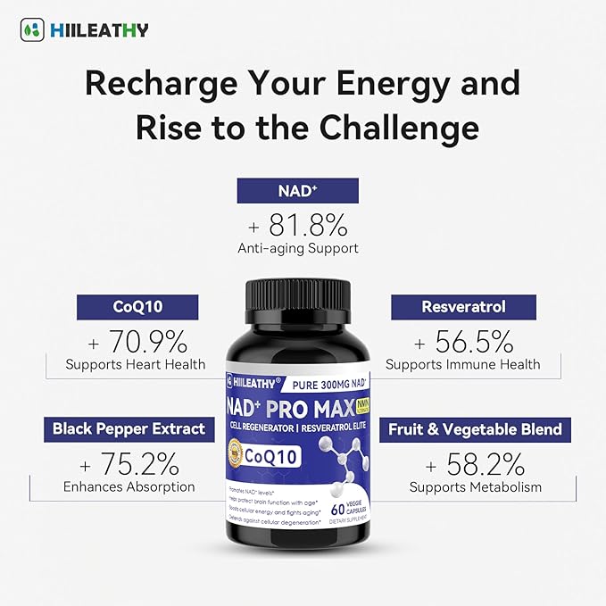 NAD+ Supplement for Men and Women with Resveratrol and CoQ10 Promotes Cell Regeneration and Anti-Aging American-Made NAD+, 60 Capsules