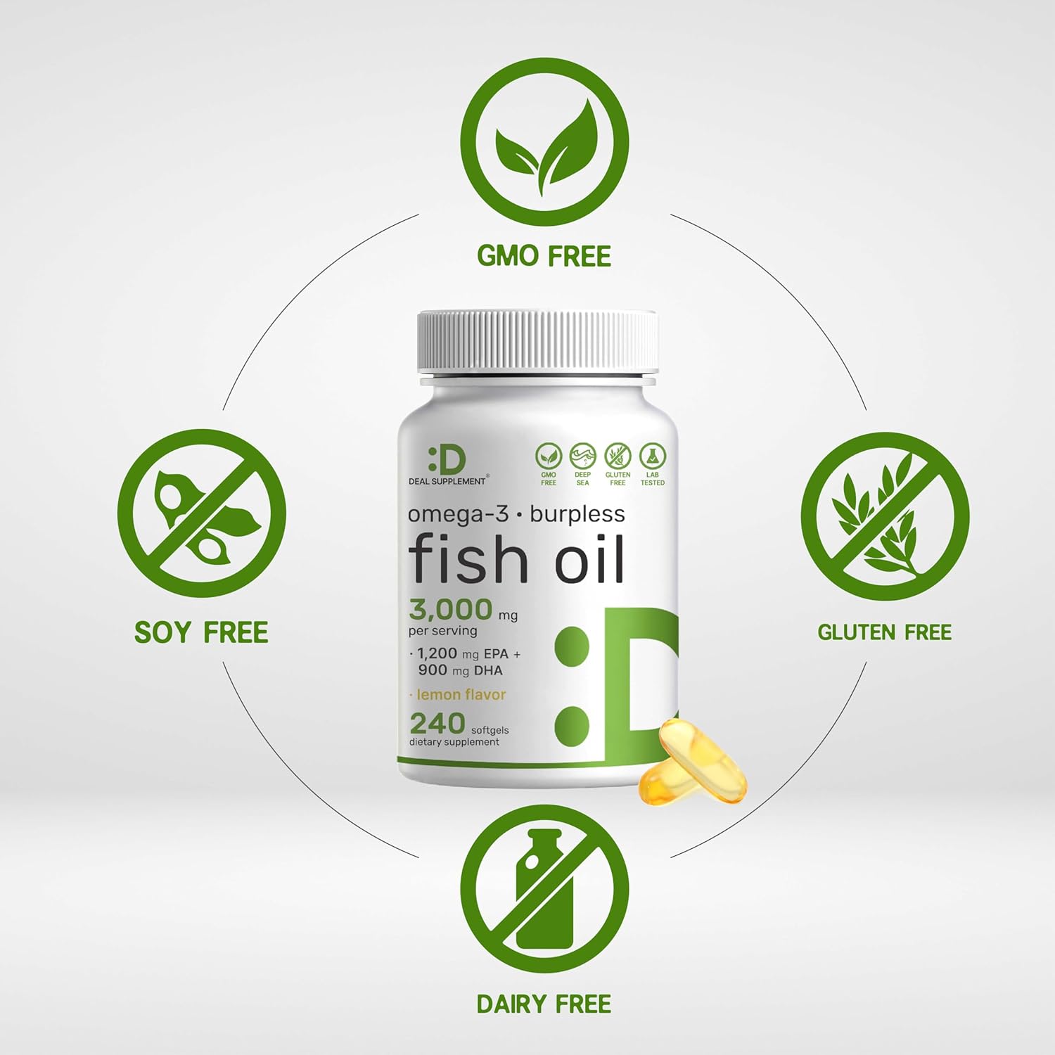 DEAL SUPPLEMENT Omega 3 Fish Oil Supplements, 3,000mg Per Serving, 240 Softgels – EPA 1,200mg + DHA 900mg – Burpless Pills, Lemon Flavored, Wild Caught – Brain & Heart Support – Mercury Free, Non-GMO