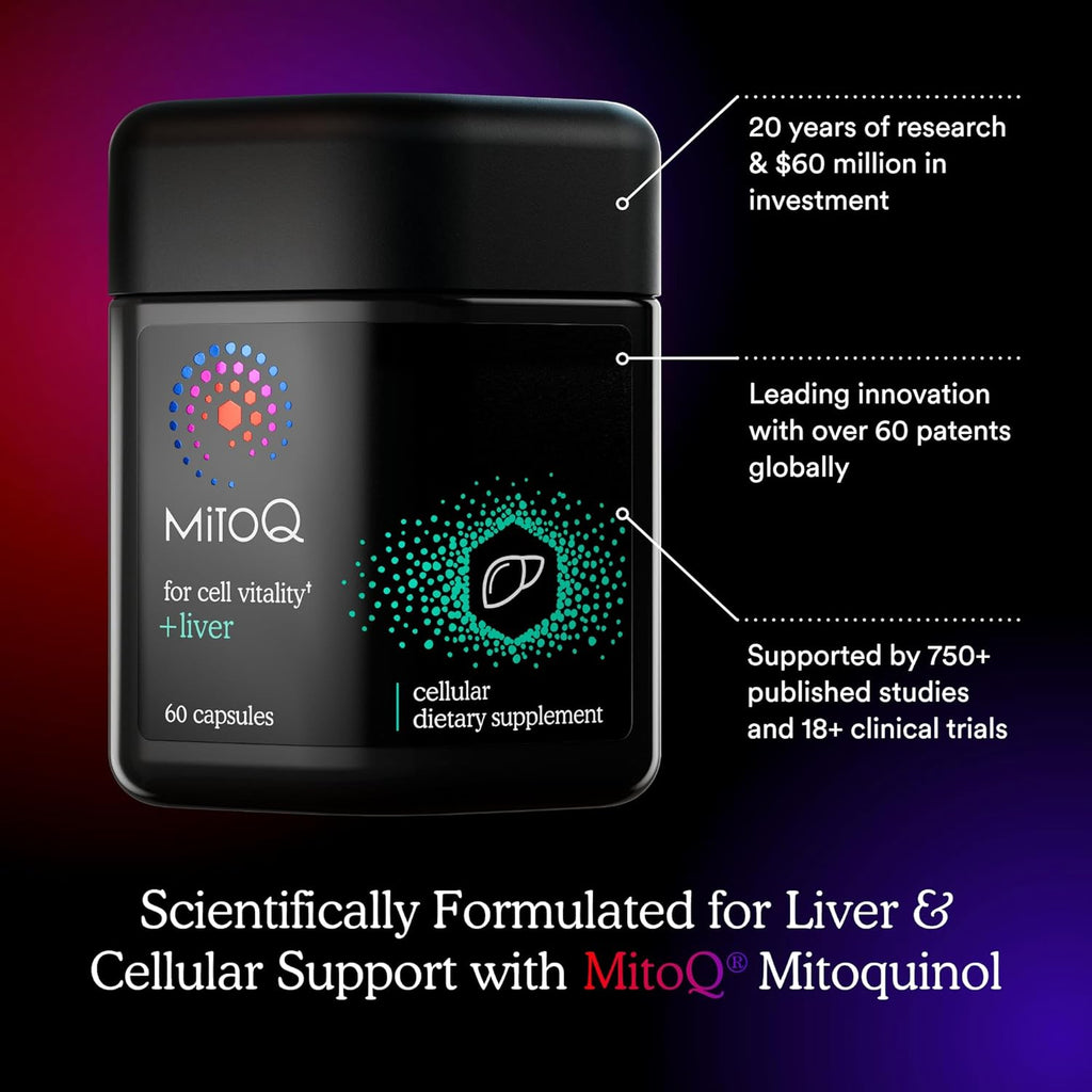 MitoQ +Liver Premium CoQ10 Antioxidant - Contains Mitoquinol Mesylate, Choline, Milk Thistle, Selenium - Supports Metabolism, Liver Health, Body’s Natural Detoxification & Cell Vitality (60 Capsules)