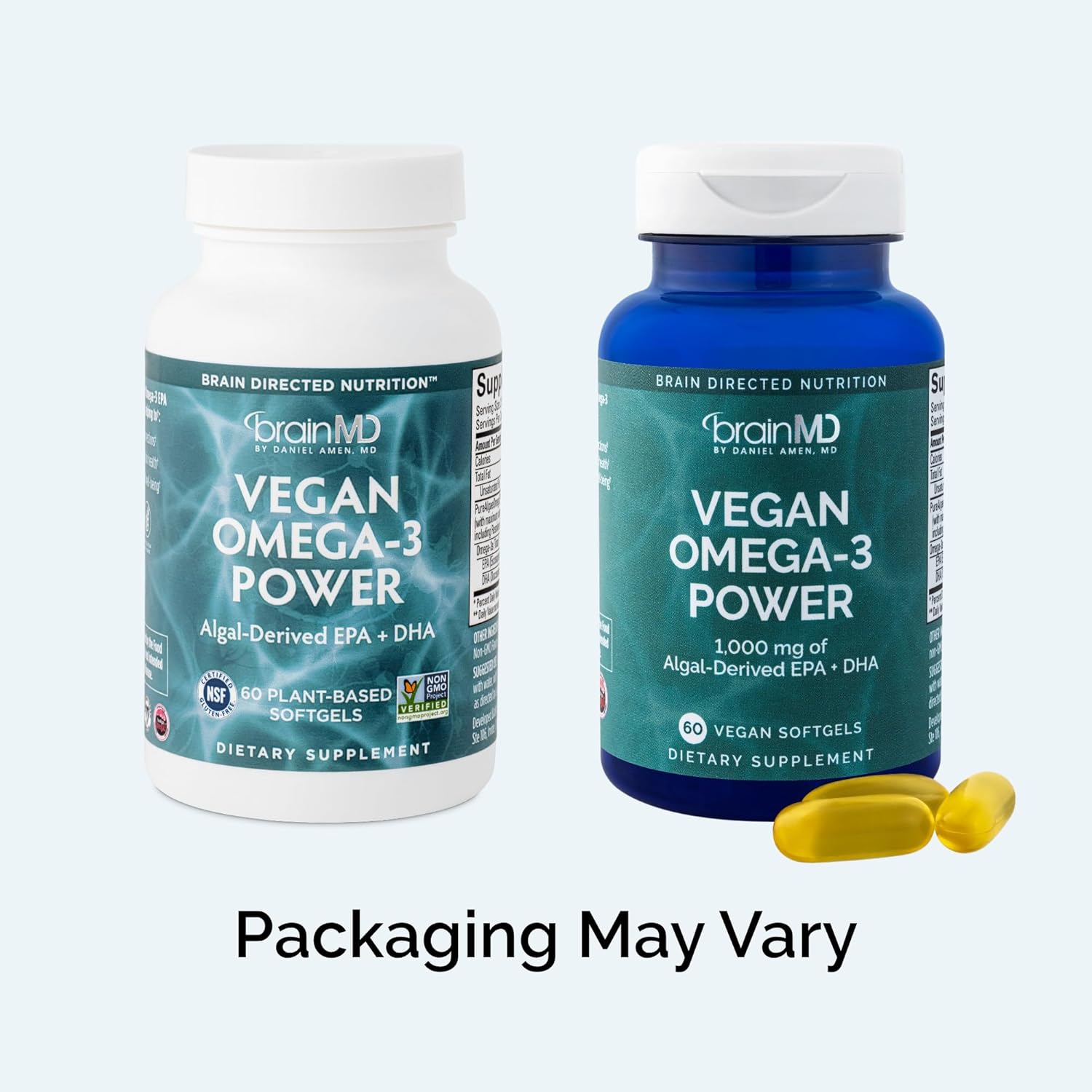 BRAINMD Dr Amen Vegan Omega-3 Power - 60 Plant-Based Softgels - 1,100 mg of EPA & DHA - Supports Focus, Memory & Heart Health - Vegan, Gluten Free & Non-GMO - 30 Servings