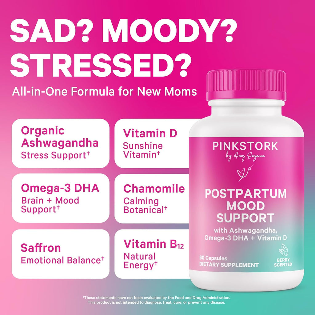 Pink Stork Postpartum Mood Support - Postnatal Hormone Balance for Moms - Breastfeeding Friendly - Stress & Cognitive Support, Postpartum Essentials - Ashwagandha, Chamomile, & Vitamin D, 120 Capsules
