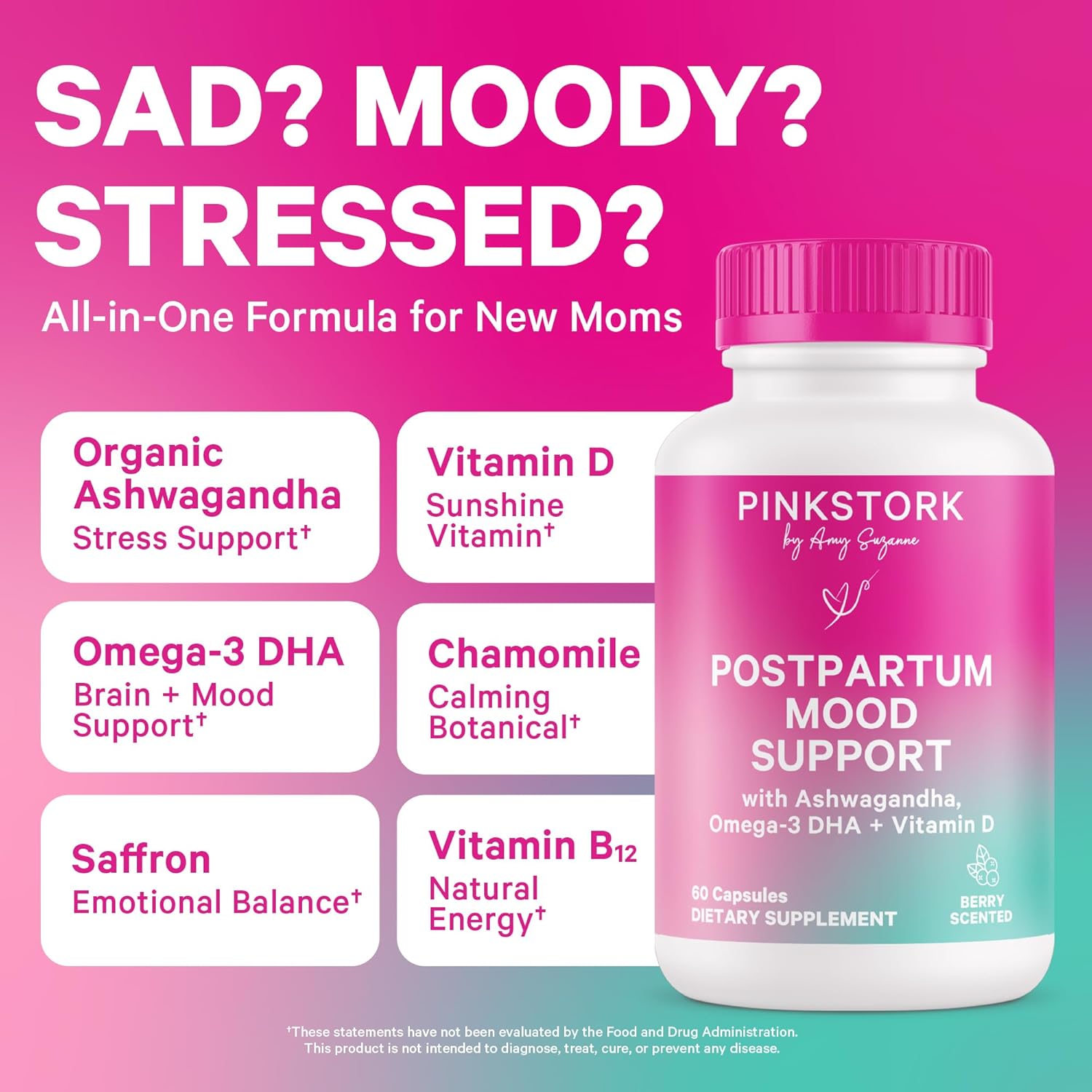 Pink Stork Postpartum Mood Support - Postnatal Hormone Balance for Moms - Breastfeeding Friendly - Stress & Cognitive Support, Postpartum Essentials - Ashwagandha, Chamomile, & Vitamin D, 120 Capsules