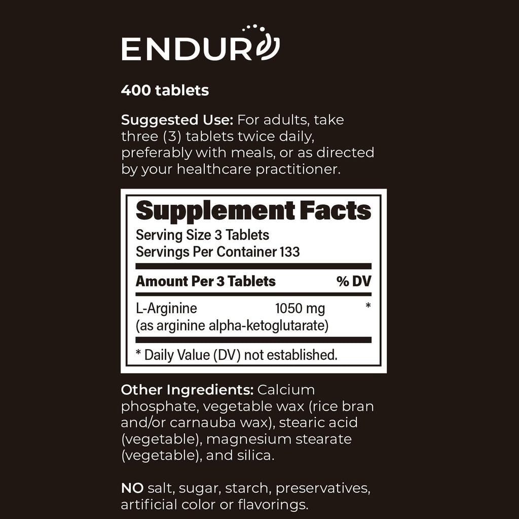 Endur L-Arginine, Healthy Blood Flow & Heart Function Supplement, Supports Exercise Performance & Immune Health, Gluten Free, 350mg (400 Tablets)