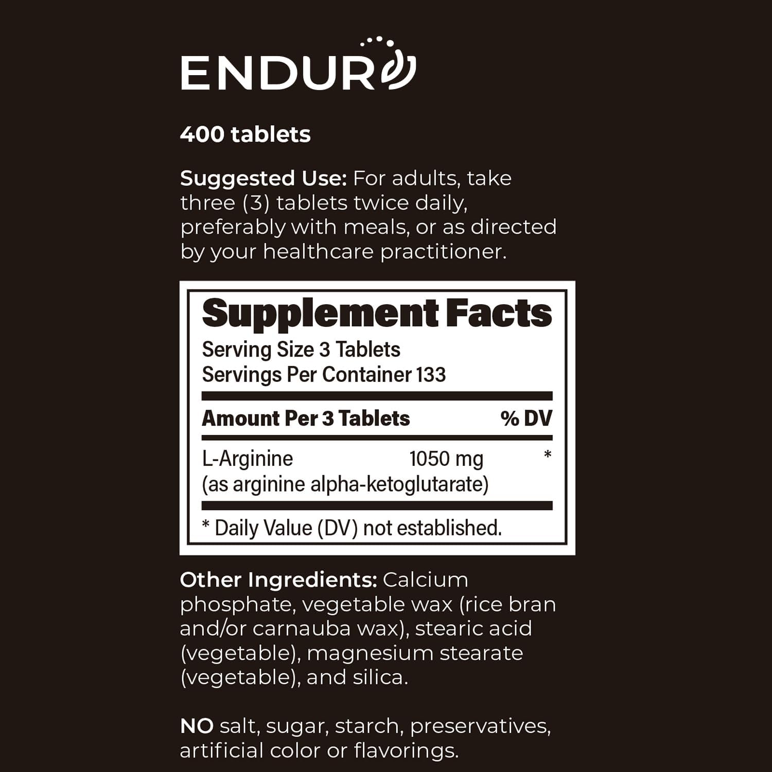 Endur L-Arginine, Healthy Blood Flow & Heart Function Supplement, Supports Exercise Performance & Immune Health, Gluten Free, 350mg (400 Tablets)
