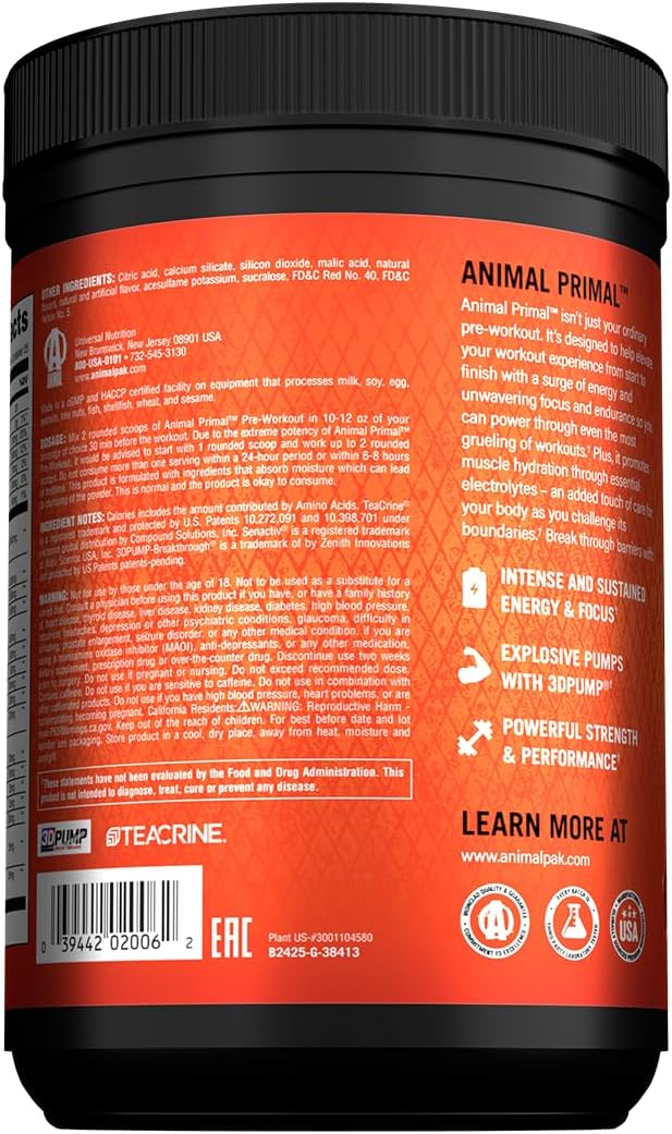 Animal Primal Muscle Hydration + Preworkout Powder – Contains Beta Alanine, 3DPump, Caffeine & Electrolytes – Improves Energy, Focus, Endurance & Absorption – New Blood Orange Flavor, 17.7 oz
