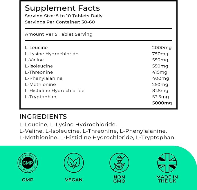 Essential Amino Acids - 300 Easy To Swallow Tablets / 60 Servings - All 9 EAA Amino Acids with All 3 BCAA's Plus 6 More EAAs to Build and Repair Muscle, 5-10g per Serving, High in Leucine and Vegan