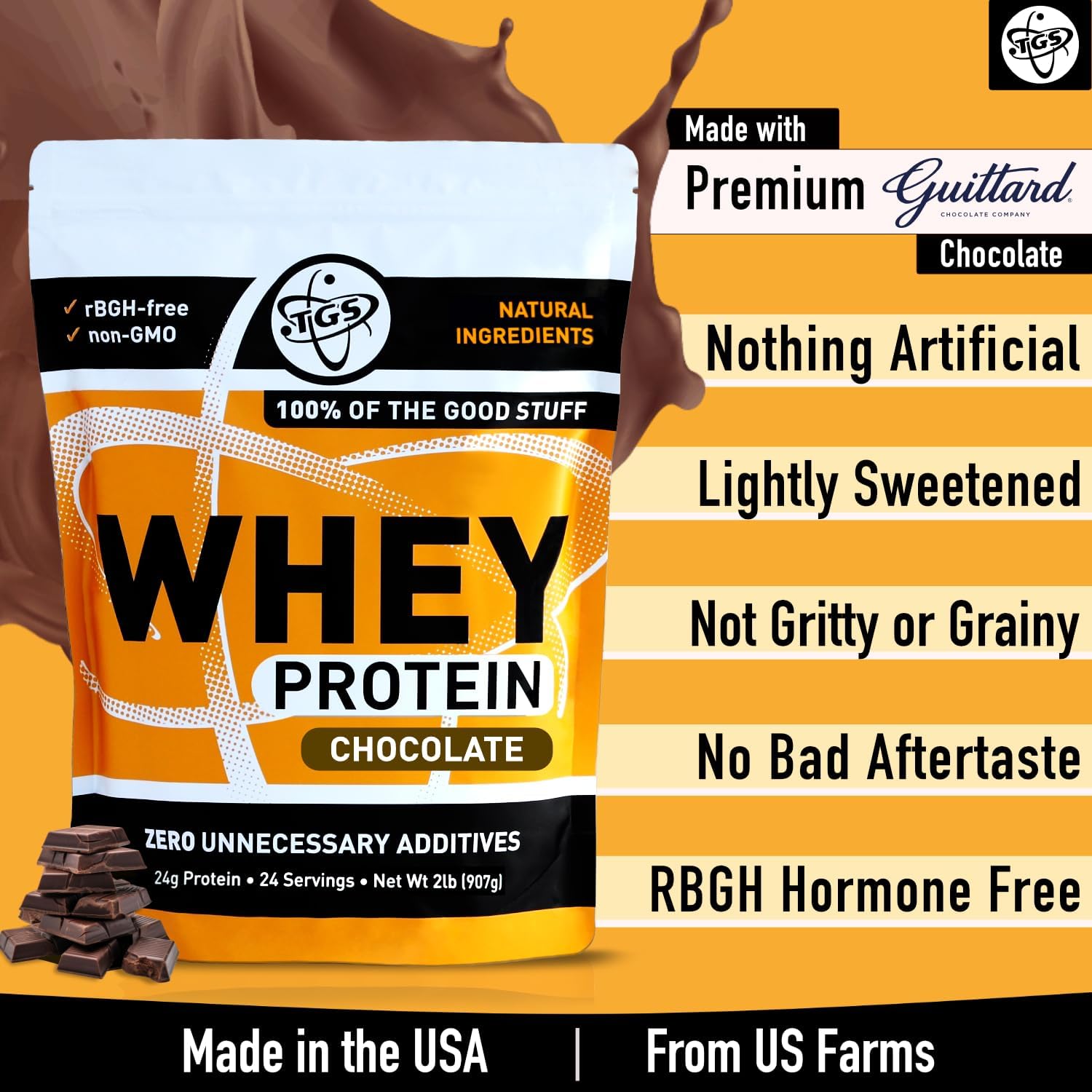 Chocolate Whey Protein Powder - 2lb - No Artificial Sweeteners, Mixes Well, No Soy, No Hormone, No Gluten, US Farms