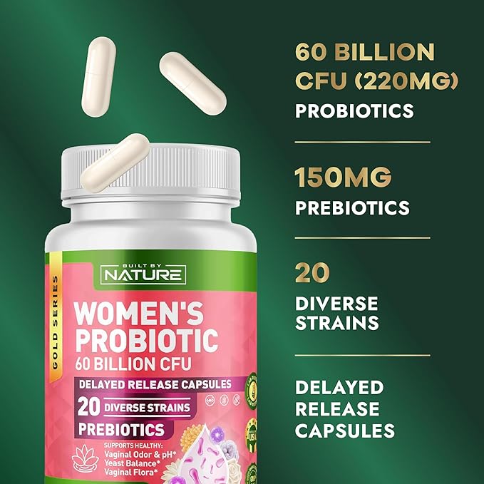 Built by Nature Probiotic for Women 60 Billion CFU – 20 Strains + Prebiotics – Vaginal & Digestive Support – Delayed Release Capsules, Shelf Stable – 3 Month Supply - 90 Capsules