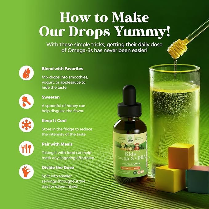 Kids DHA Omega 3 Drops - Fatty Acids Omega 3 6 9 for Brain, Immune Strength & Vision - Nutritional DHA for Kids for Healthy Nervous System & Focus Support - Liquid Supplement with EPA & ALA - 60 mL