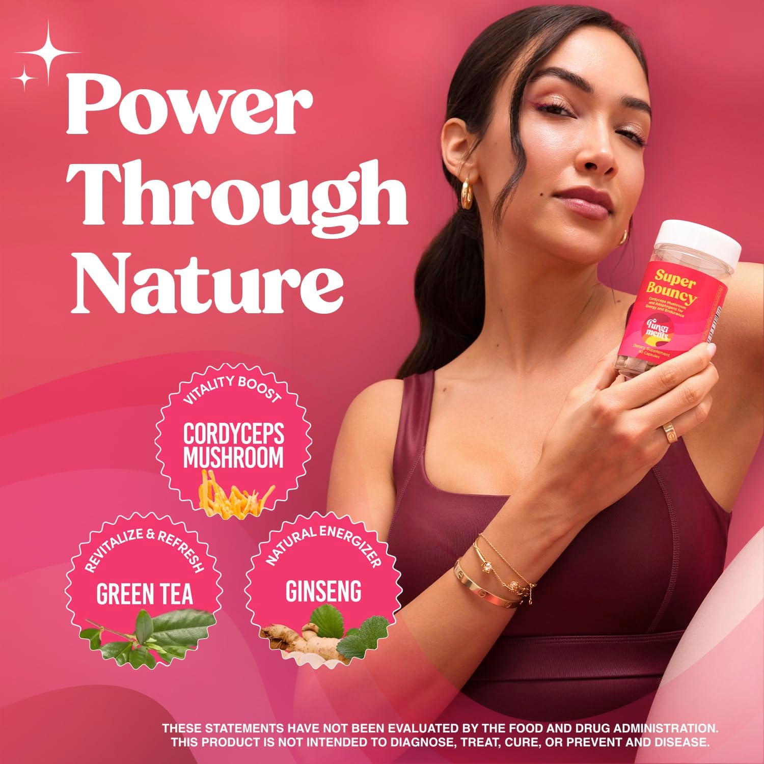 Super Bouncy - Mushroom Supplement - Cordyceps Mushrooms, Green Tea, Ginseng - Energy and Focus (60 Capsules)