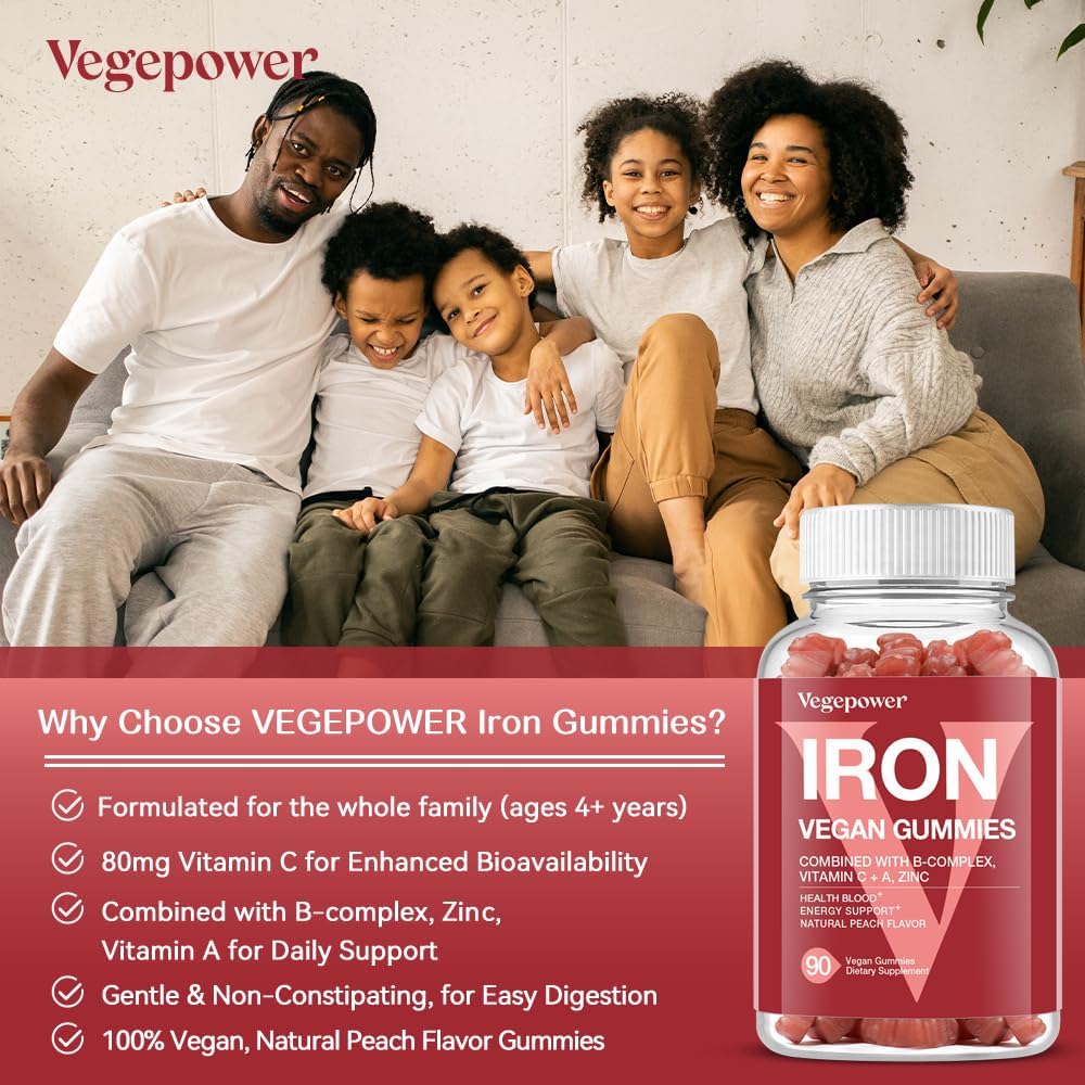 Vegan Iron Gummies Supplement - Multivitamin Supplement with Vitamin C, A, B & Zinc - Health Blood & Energy Support for Iron Deficiency, Anemia, No After Taste - Peach Flavor（2 Packs）