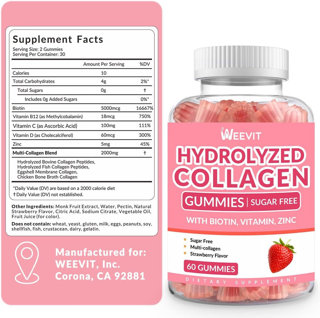 Collagen Gummies for Women, Hydrolyzed Collagen Peptides Gummies with Biotin, Collagen Supplements Gummy with Vitamin B12, C, D, Zinc for Hair Skin Nail