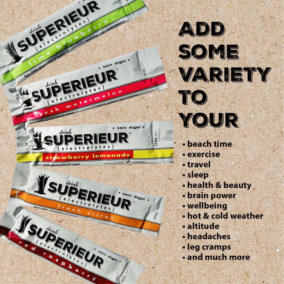 Superieur Electrolyte Powder Packets - Vegan Electrolyte Hydration Powder w/Sea Minerals - Keto Friendly, Non-GMO, Zero Sugar Electrolyte Supplement-Healthy Sports Drink -Sampler Pack (20 Packets)
