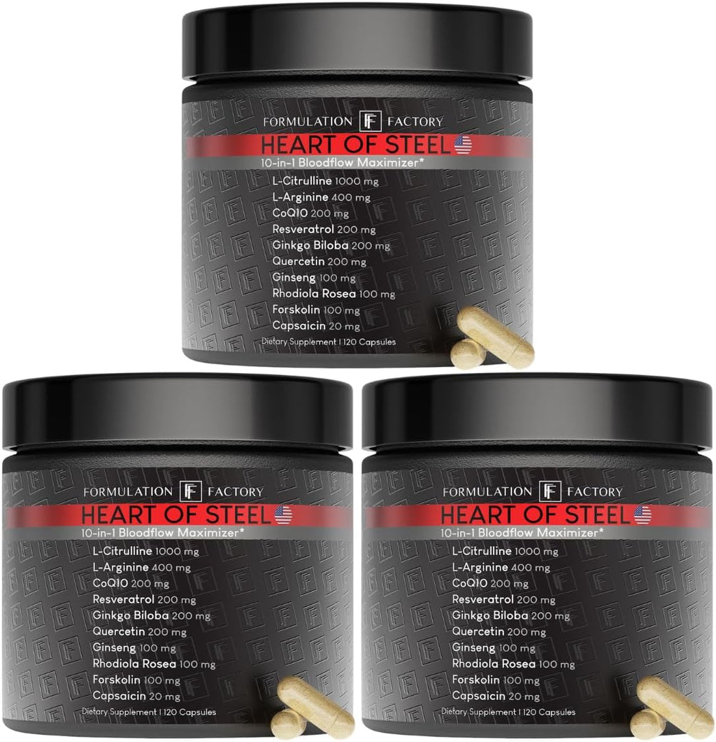 Heart of Steel 10 in 1 Metabolic Maximizer Nitric Oxide Supplement, Blood Pressure Support, L Arginine, L Citrulline, Natural Pre-Workout - Energy Management 360 Count (Pack of 3)
