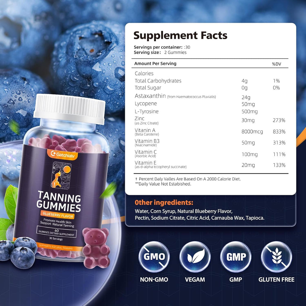Tanning Gummies - Self Tan Bronzing Supplement that Work Without Sun - No Sugar Vegan with Astaxanthin Lycopene Beta Carotene and Vitamins-60 Count