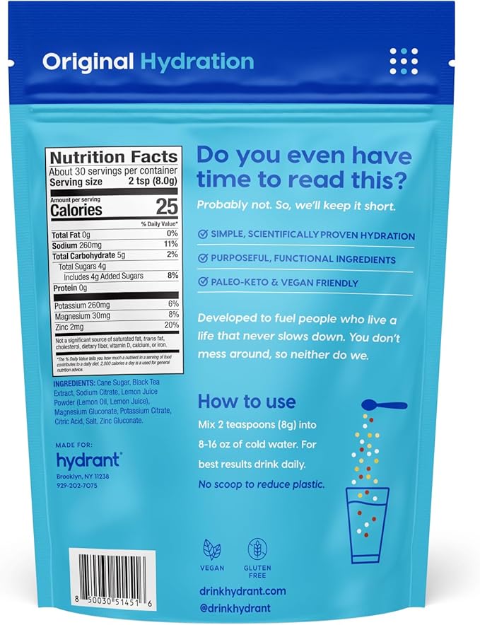 Hydrant - Bulk Electrolyte Powder, Iced Tea Lemonade Flavor, 30 Servings Instant Hydration Powder - Low Sugar Drink Mix for Daily Use, Travel & Workouts