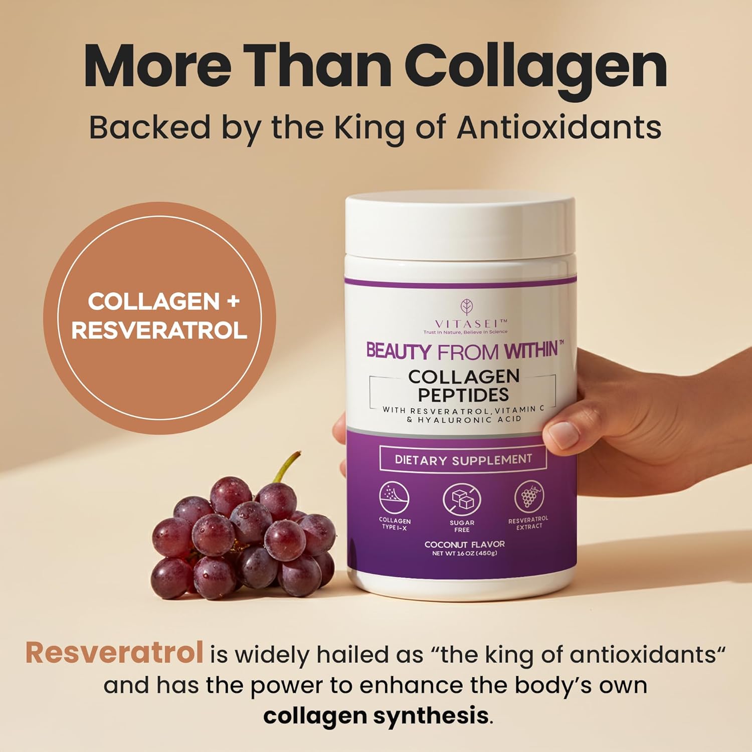 VITASEI Hydrolyzed Collagen Peptides Powder with Resveratrol & Vitamin C – Hair, Skin & Joint Support with Hyaluronic Acid – Colágeno Hidrolizado for Women & Men – Coconut Flavor, 16 oz (30 Servings)