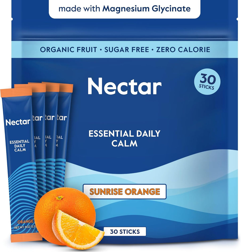 Nectar Calm Magnesium Glycinate Drink Mix - Sugar Free & Zero Calorie - with Organic Ashwagandha, Vitamin D, L-Theanine, Hydrating Electrolytes - Relax, Focus & Calm - Non-GMO (Orange 30 Sticks)