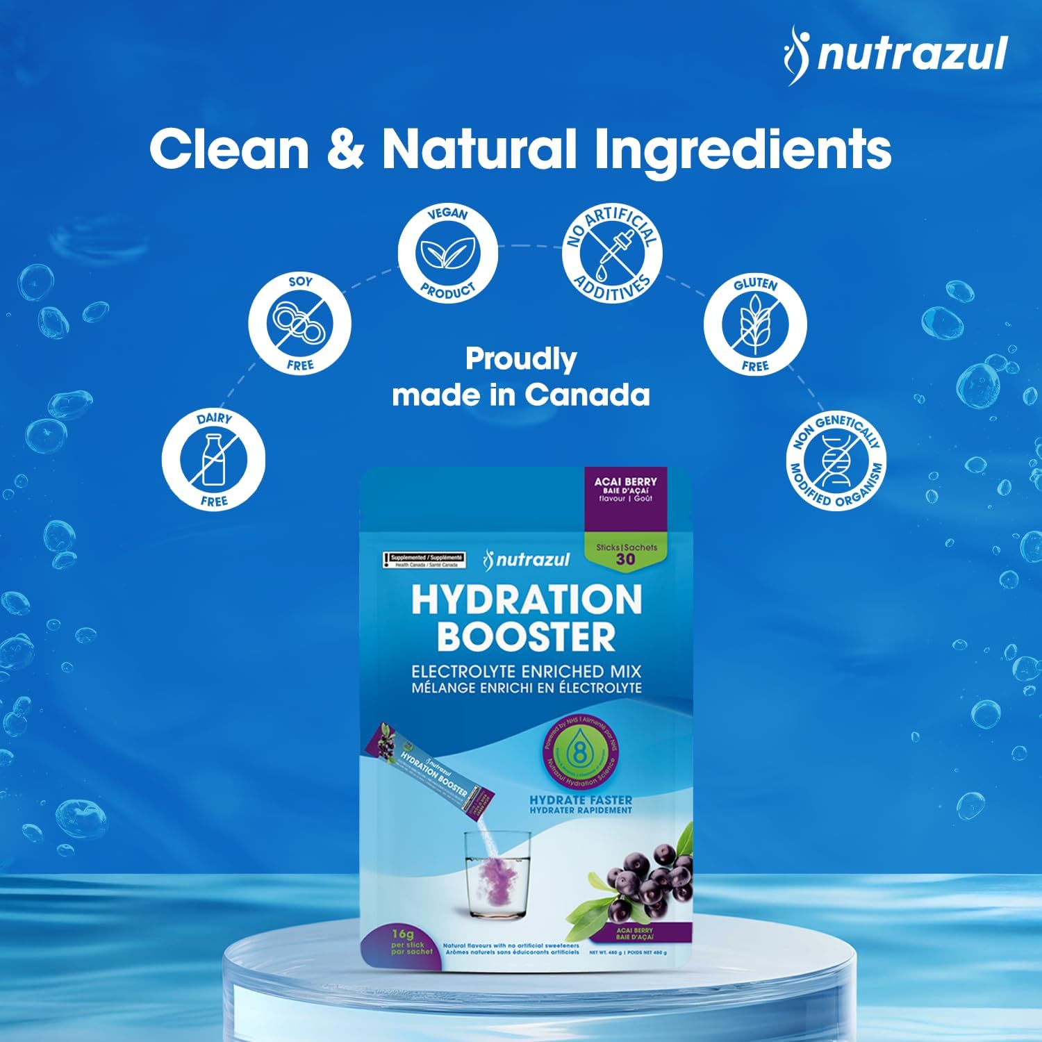 nutrazul Hydration Booster, Electrolytes Powder Sticks with Sodium, Potassium, Vitamin B6 & B12, No Artificial Sweeteners, Acai Berry Flavor, 90 Sticks