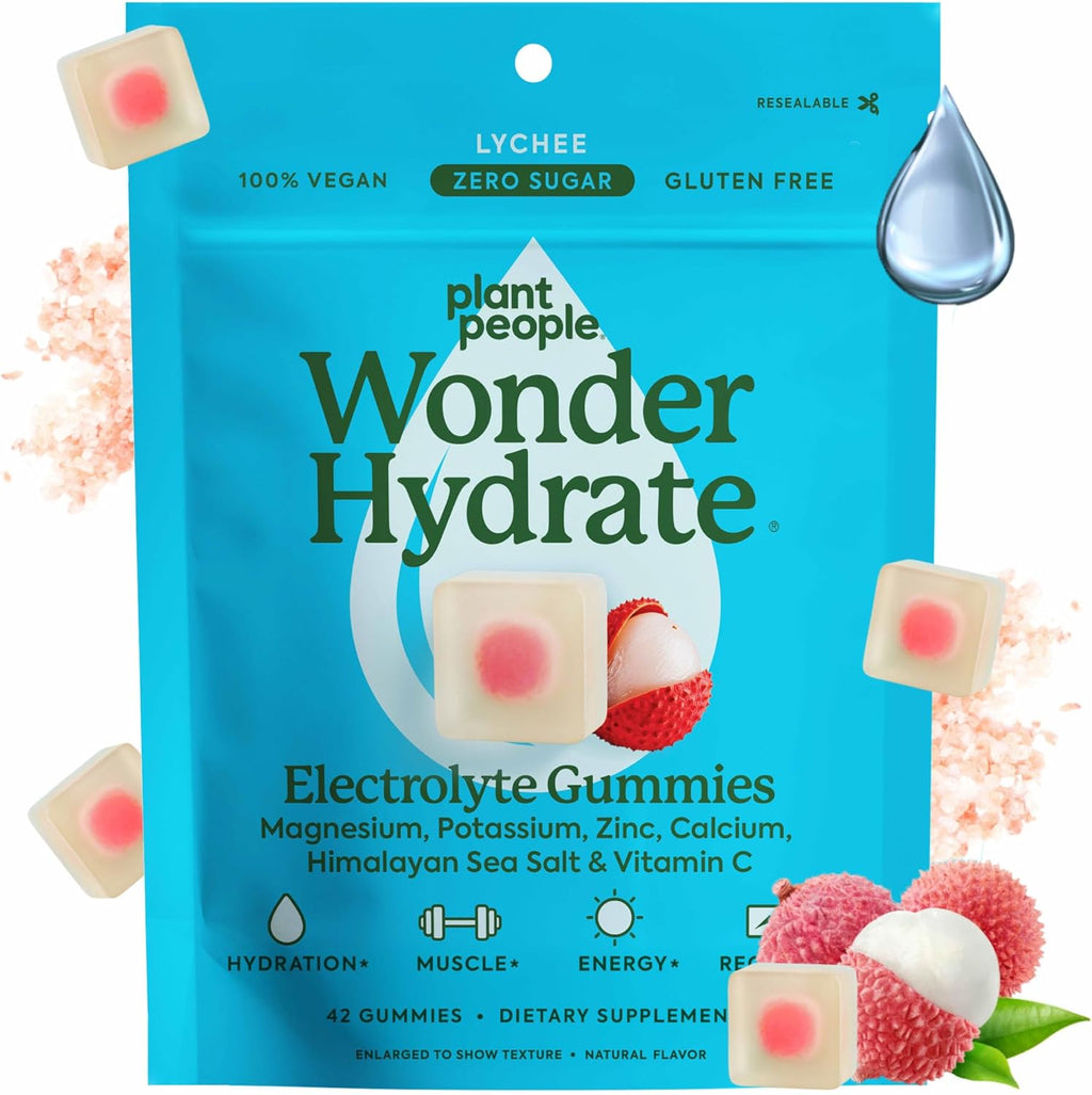 Plant People WonderHydrate Electrolyte Gummies – Vegan Hydration Supplement with Magnesium, Potassium, Zinc, Vitamin C & Himalayan Sea Salt – Zero Sugar Lychee (42 Count)