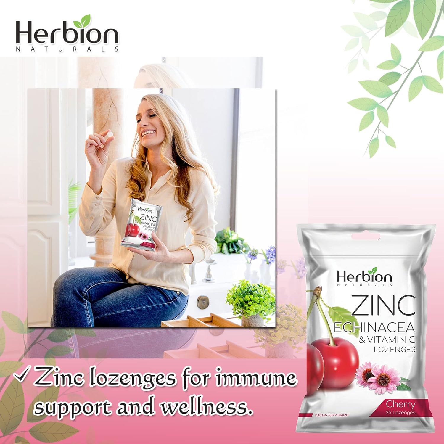 HERBION Naturals Zinc, Echinacea & Vitamin C Lozenges 25 CT, Dietary Supplement for Adults & Children 5+, Promotes Wellness for The Whole Family, 25 Count, Cherry, Pack of 1