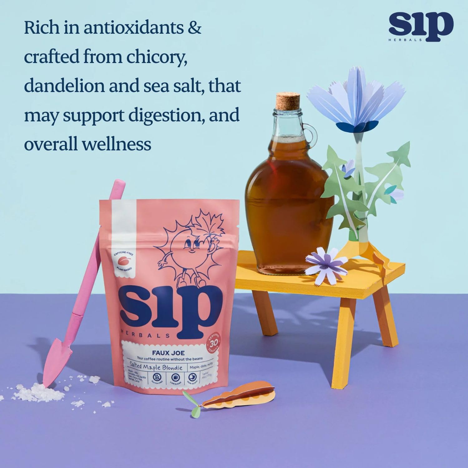 Sip Herbals Salted Maple Blondie Roast Coffee Alternative Loose Leaf - Caffeine-Free Blend with Dandelion Root & Chicory - Smooth Salted Maple Flavor, Vegan & Herbal Drink, As Seen on Shark Tank - 30 Servings