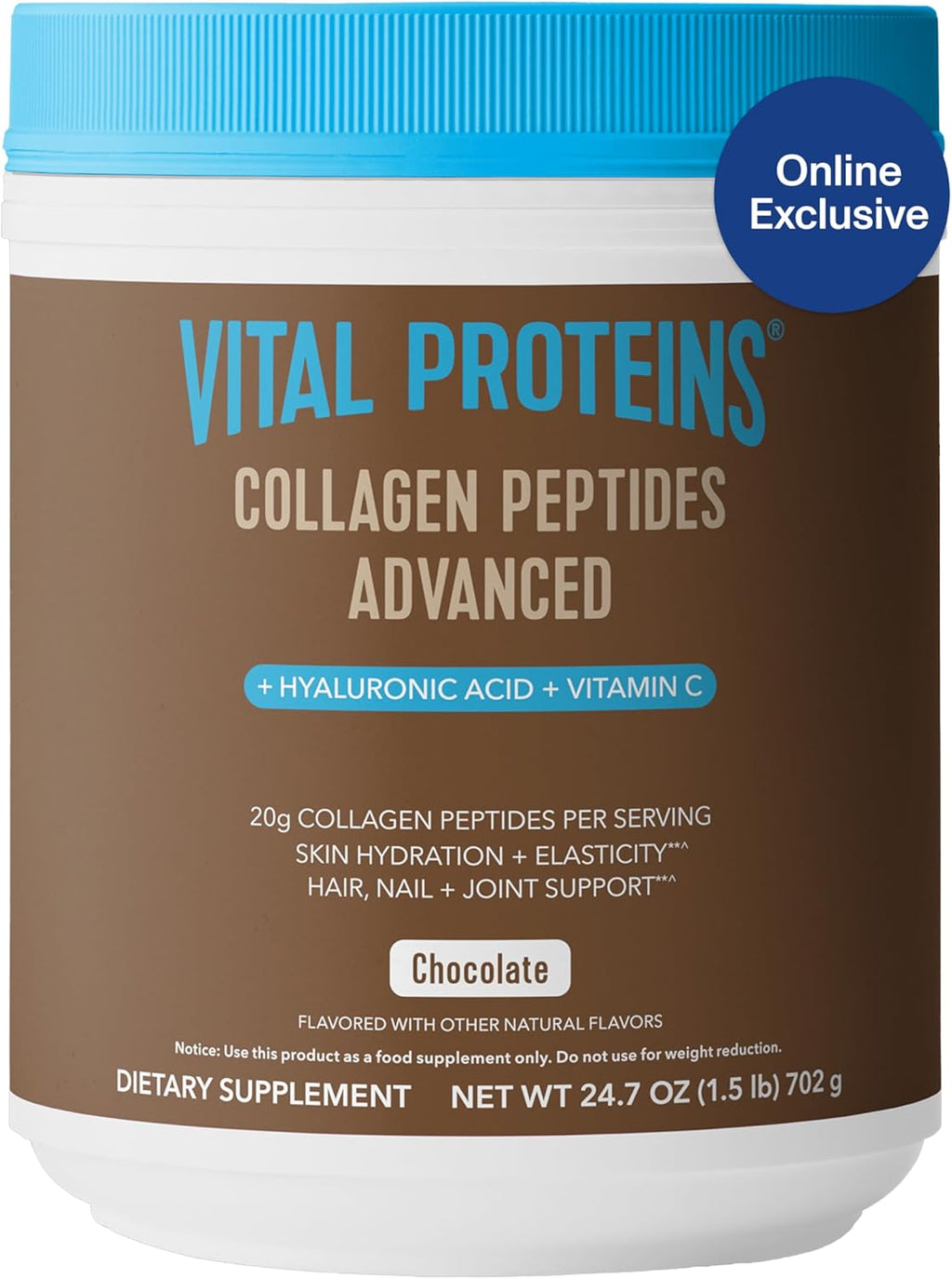 Vital Proteins Collagen Peptides Advanced, Hydrolyzed Peptides with Hyaluronic Acid and Vitamin C - Chocolate Flavor Powder, 24.7oz