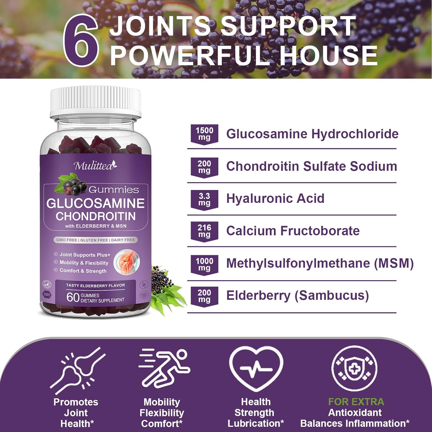 Mulittea Glucosamine Chondroitin Gummies - Extra Strength Joint Support Supplement with MSM & Elderberry for Natural Joint, Antioxidant Immune Support for Adults, Men & Women-(2 Pack)