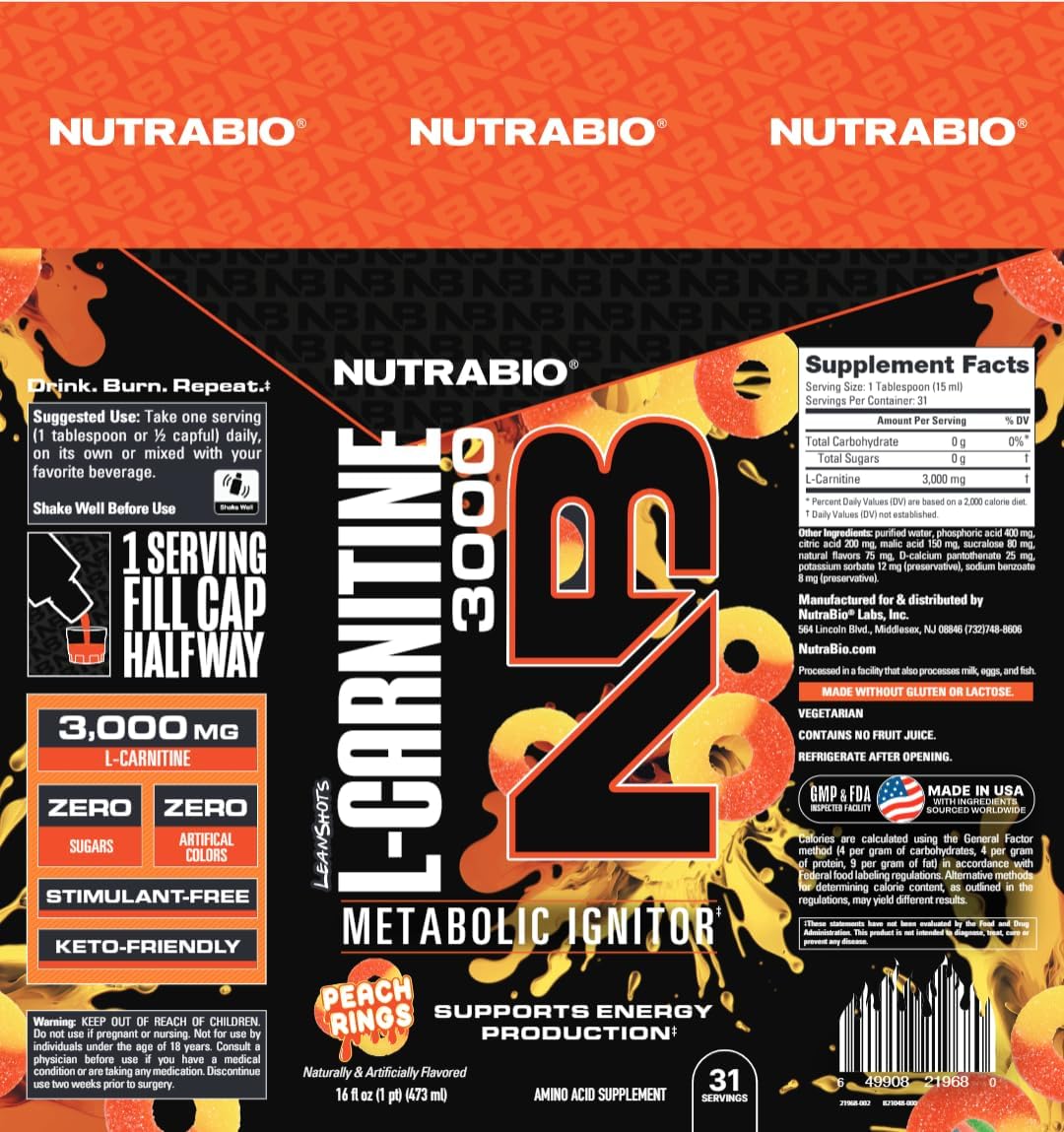 NutraBio – L-Carnitine Liquid Shots – 3000mg, (Peach Rings) – 10mg of Vitamin B-5 – Zero Carbs & Sugars – Energy Production – Muscle Recovery