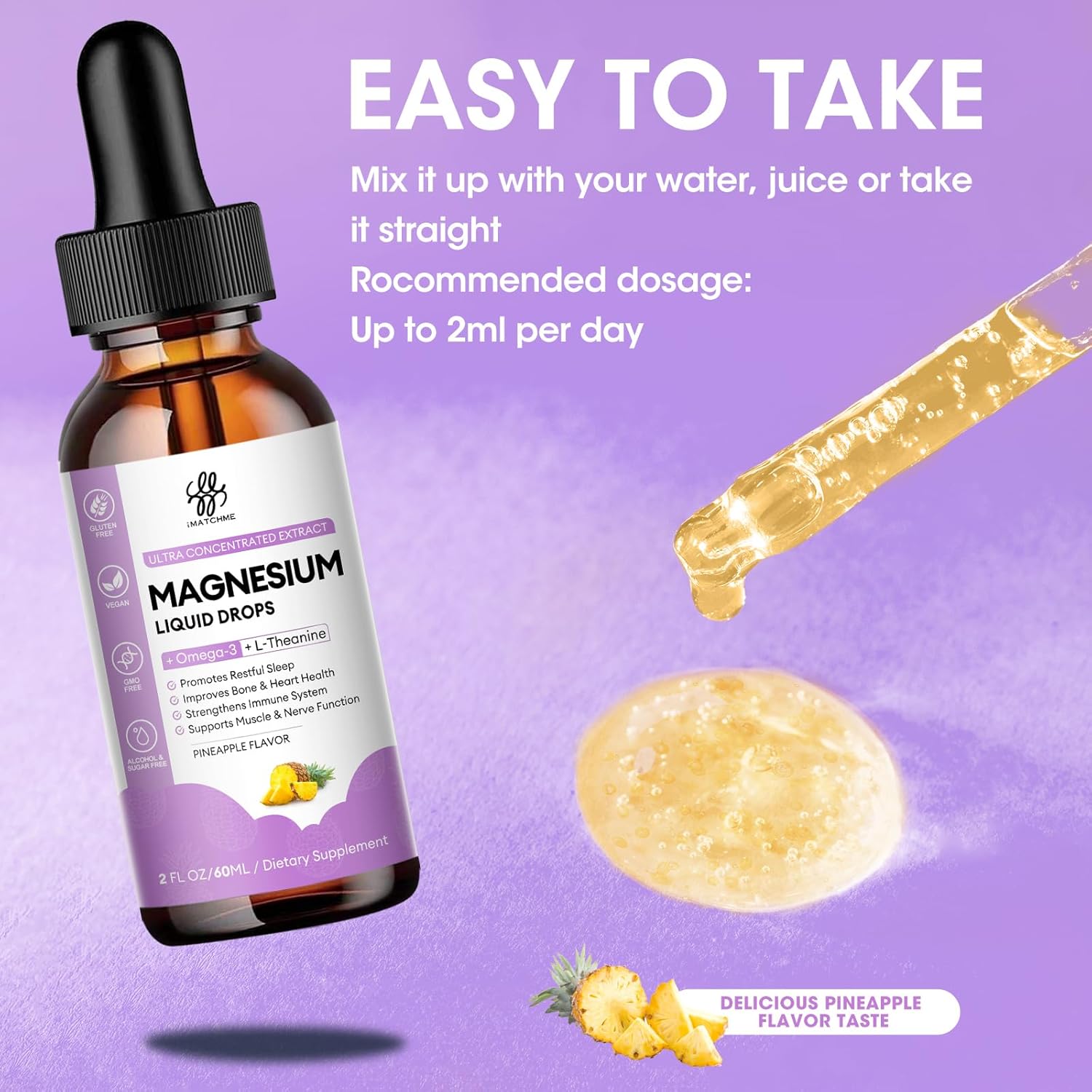 Magnesium Complex Liquid Drops, Magnesium Glycinate with Oxide, Taurate and Citrate, Calm Magnesium for Bone, Heart, Muscle, Sleep & Digestion, High Absorption, Pineapple Flavor, 2 Fl Oz