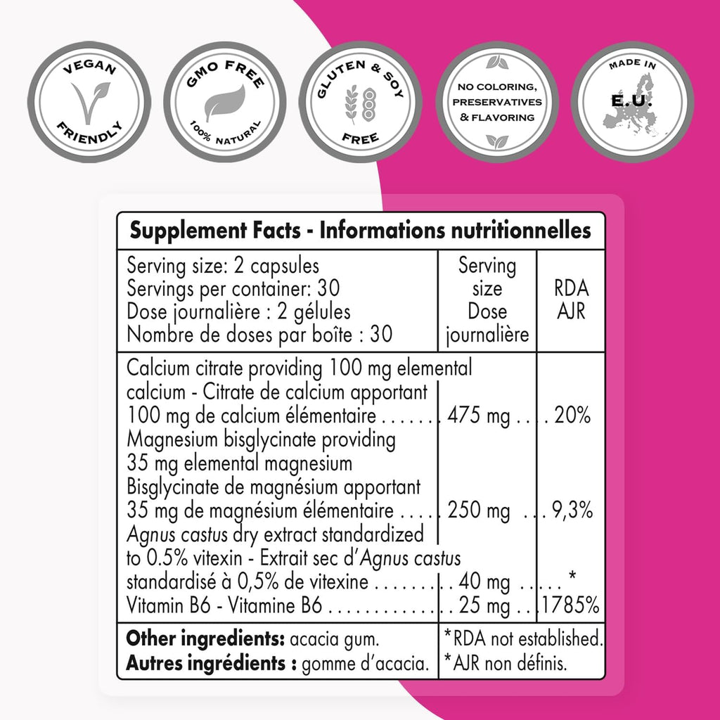 SuperSmart - Premenstrual Comfort (Advanced Formula) - Vitex Chasteberry Supplement for Women - Vitex Agnus-Castus & Vitamin B6 | Non-GMO & Gluten Free - 60 Vegetarian Capsules