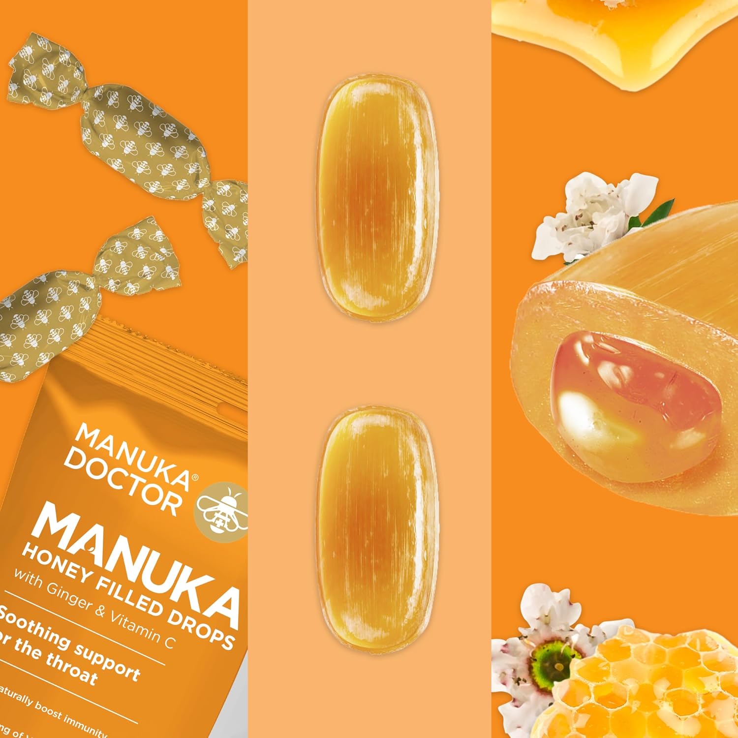 Manuka Doctor Cough Drops, Manuka Middles, 30 Drops Bag (Pack of 4), Throat Lozenges Infused, includes Raw Manuka Honey, Vitamin C, Ginger for Immune Support, Helps Soothe Sore Throat