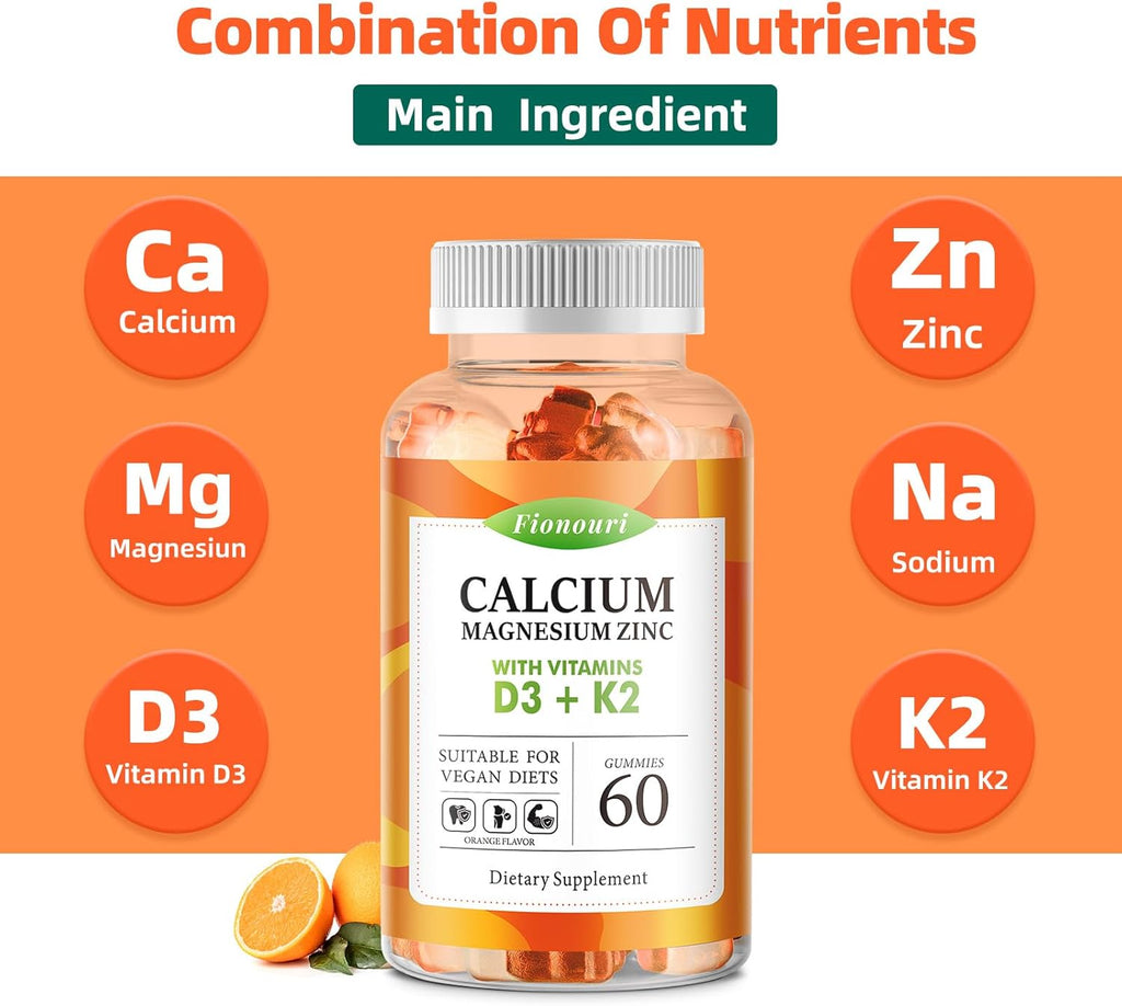 Calcium Magnesium Zinc Gummies with Vitamin D3 & K2 - High Potency Enhanced Absorption -60 OrangeGummies Flavored